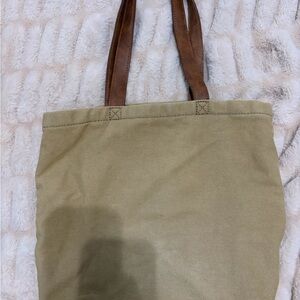 Brandy Melville Beige Canvas Tote with Brown Leather Handles